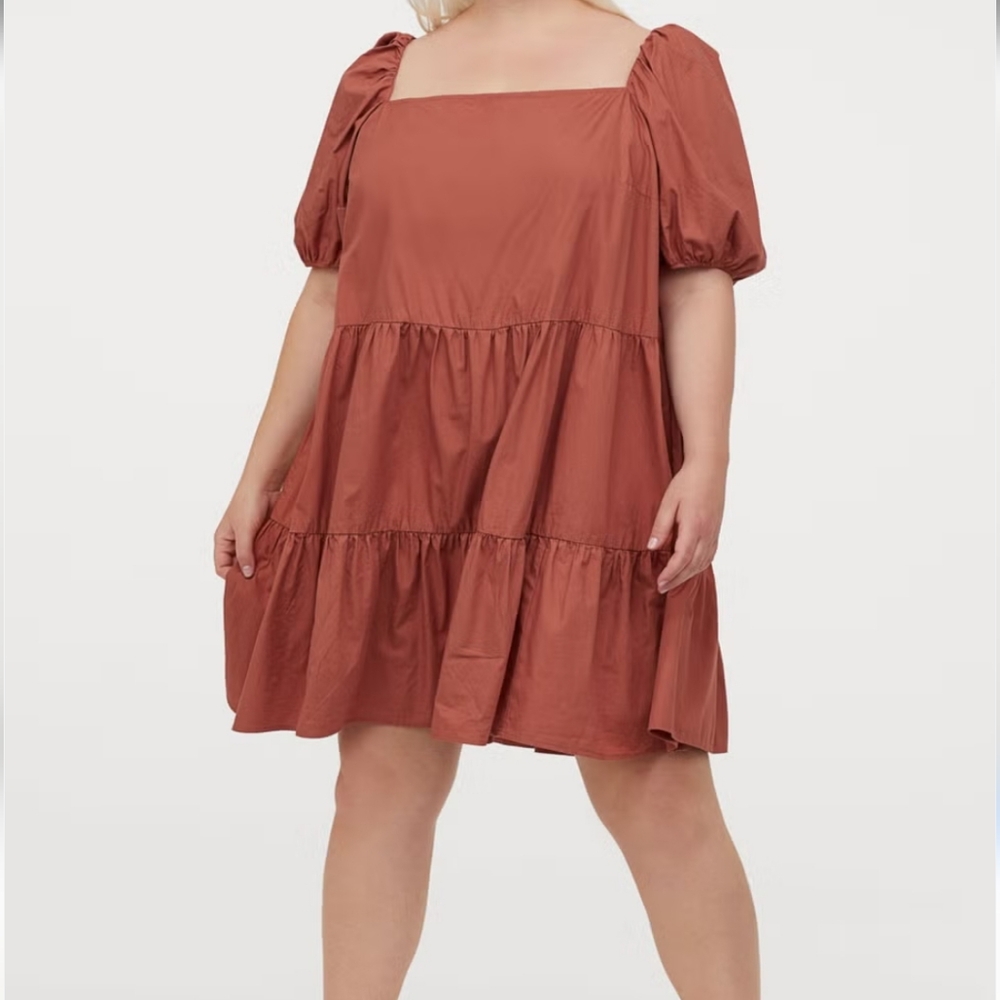 H&M Rust Cotton Puff Short Sleeve Ruffle Mini Dress Tiered Square Neckline 2XL